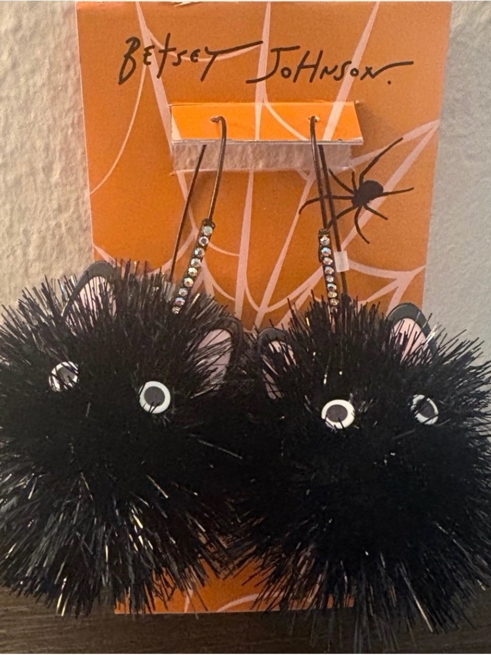 Betsey Johnson Black Cat Pom-Pom Drop Earrings - Picture 2 of 4
